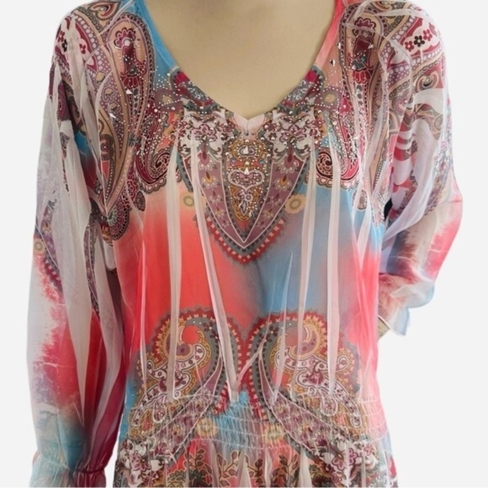 Daniel Benjamin Sheer Studded Tunic Blouse Dress Multicolor V-Neck Size M - Picture 9 of 11